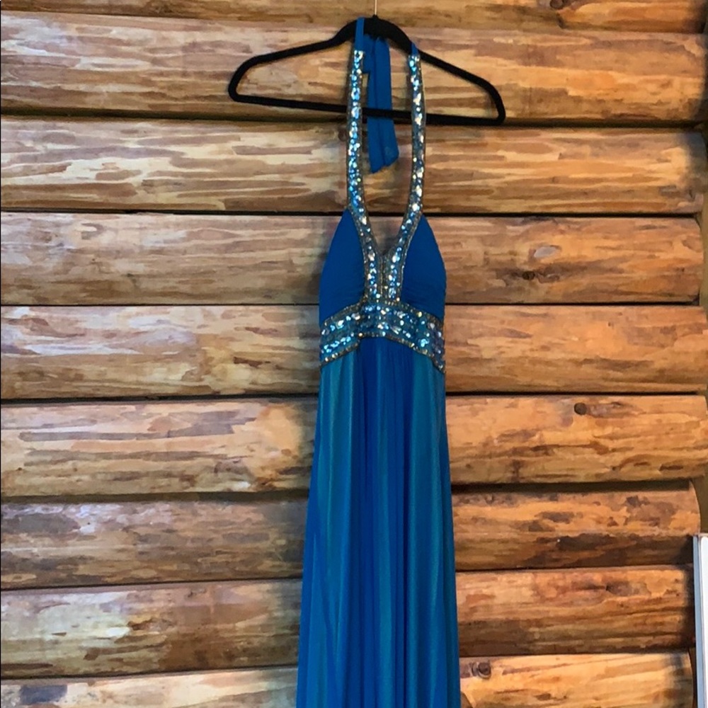 Xscape teal and crystal evening dress